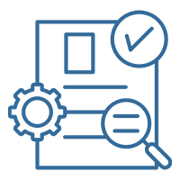 A blue line drawing of a sheet with a magnifying glass and gear.