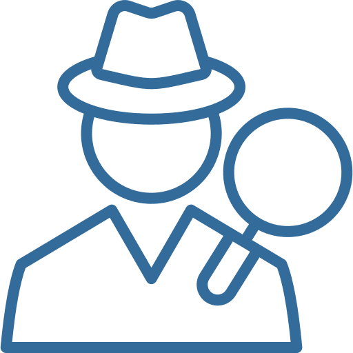 A blue outline of a man with a hat and a magnifying glass.