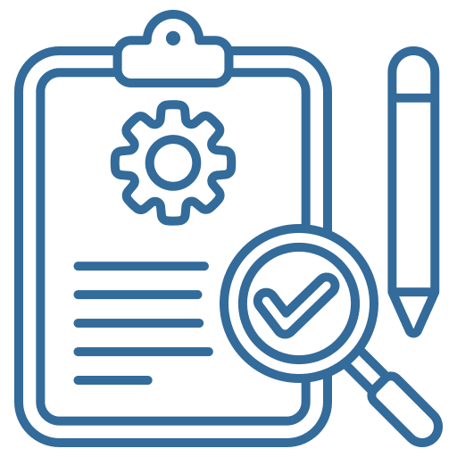 A blue icon of a clipboard and pen